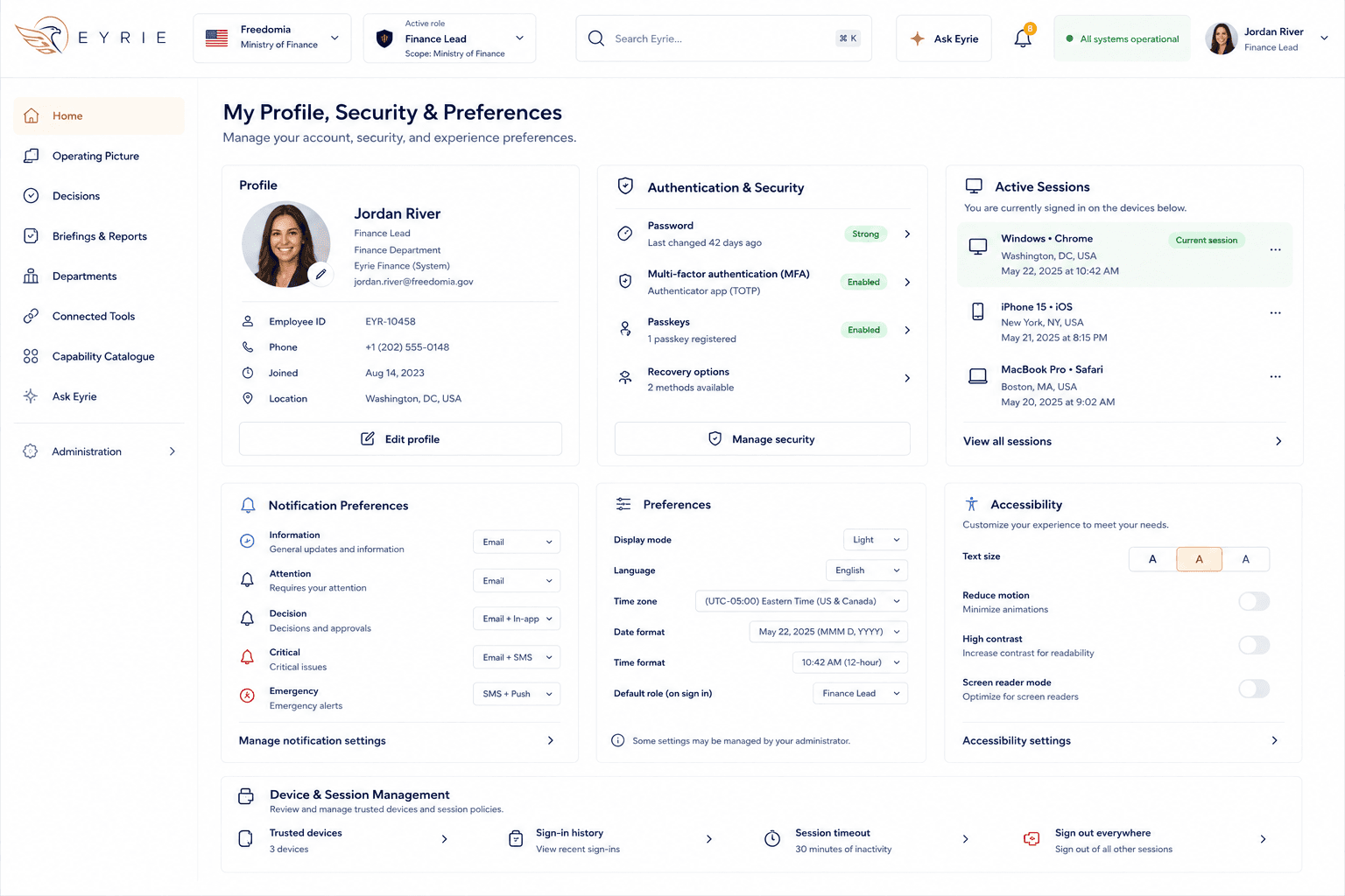 An Eyrie profile screen showing account details, sign-in settings, active sessions, notification preferences, and accessibility options.