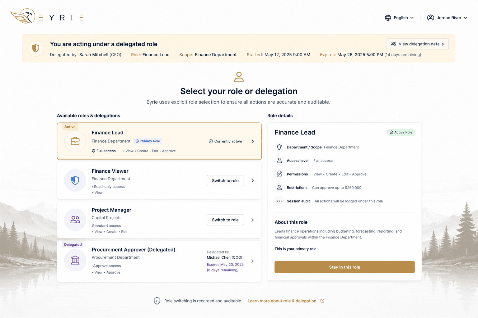 An Eyrie screen for choosing a role or delegation, listing a primary role and a temporary delegated role alongside the permissions and scope attached to each.